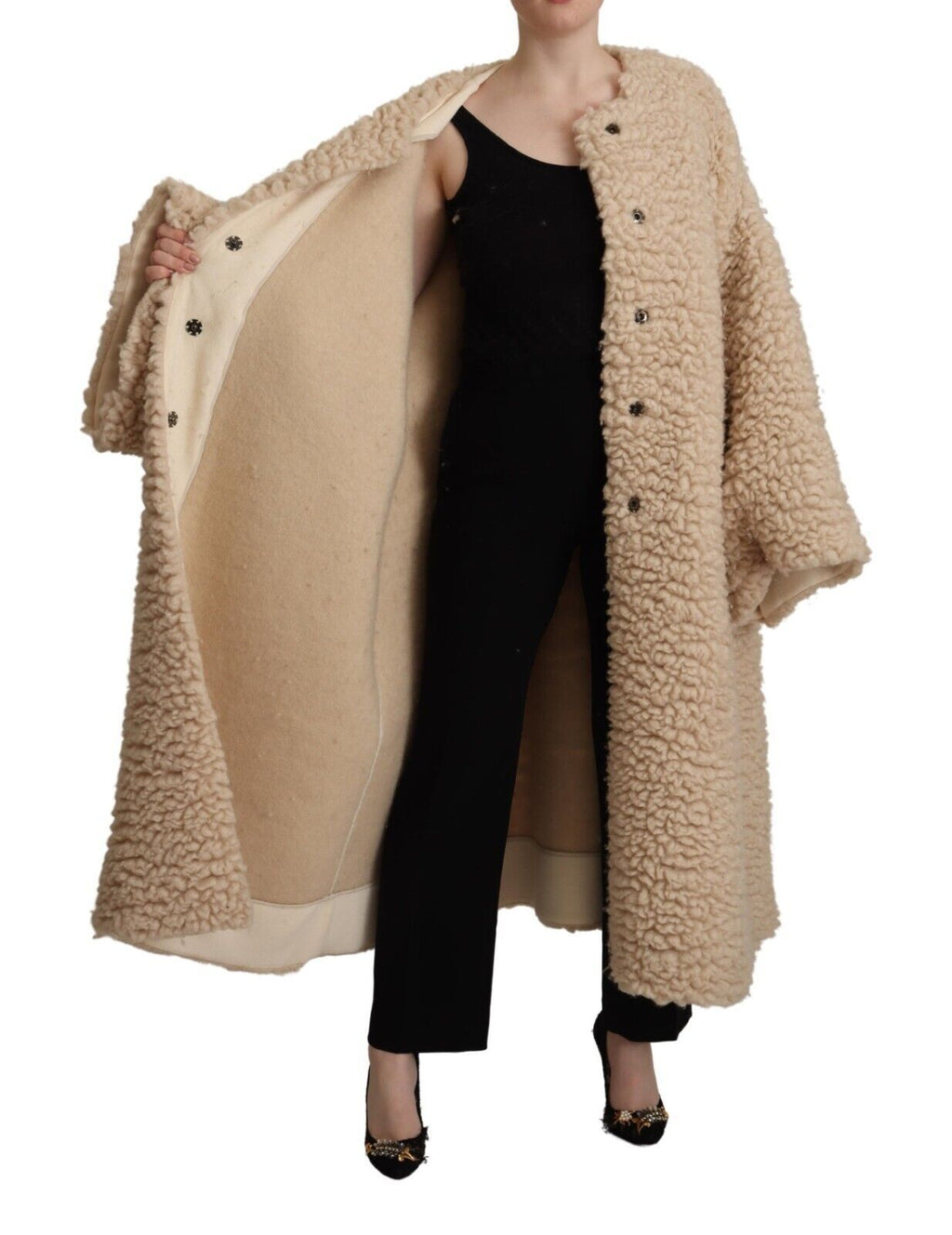 Manteau en cachemire et laine beige Dolce & Gabbana avec fausse fourrure, veste élégante pour femme.