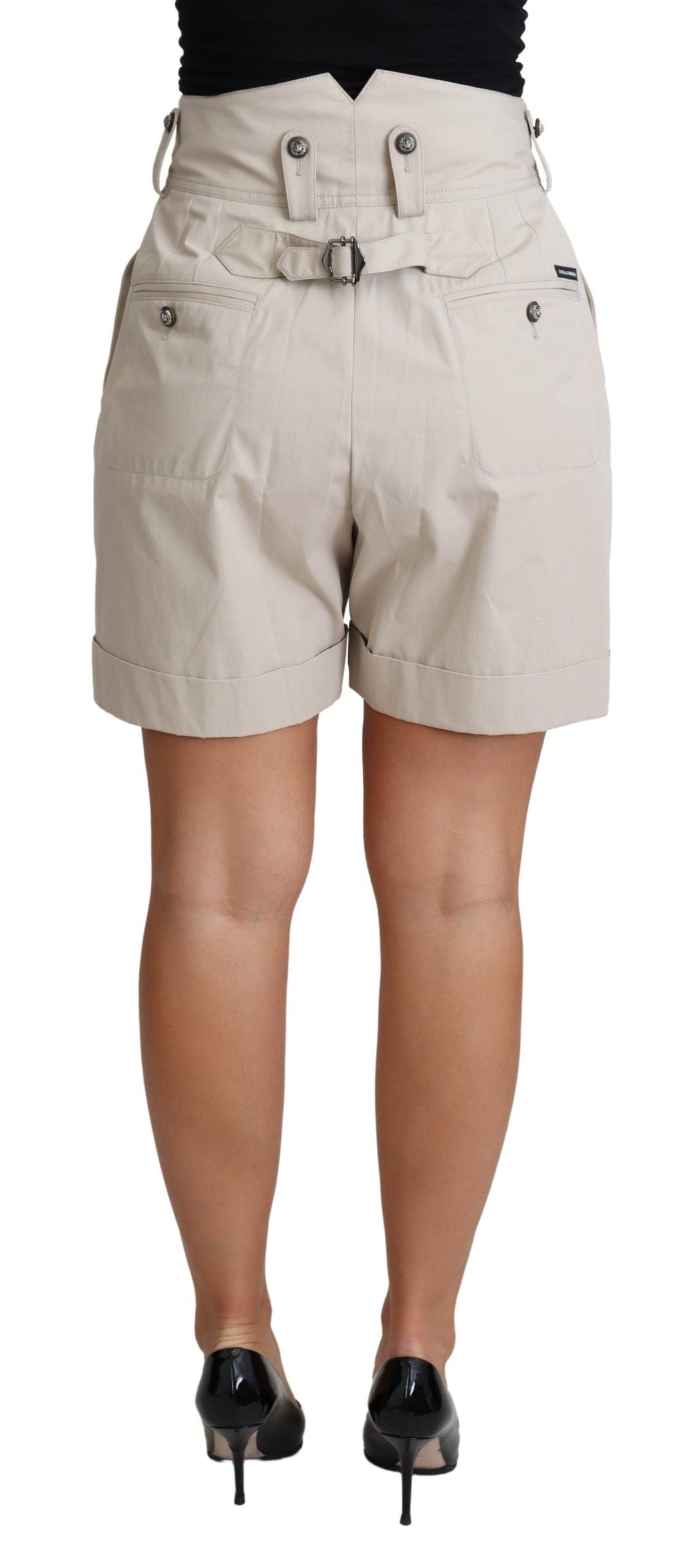 Shorts beige en coton Dolce & Gabbana à taille haute plissée pour un style décontracté et élégant.