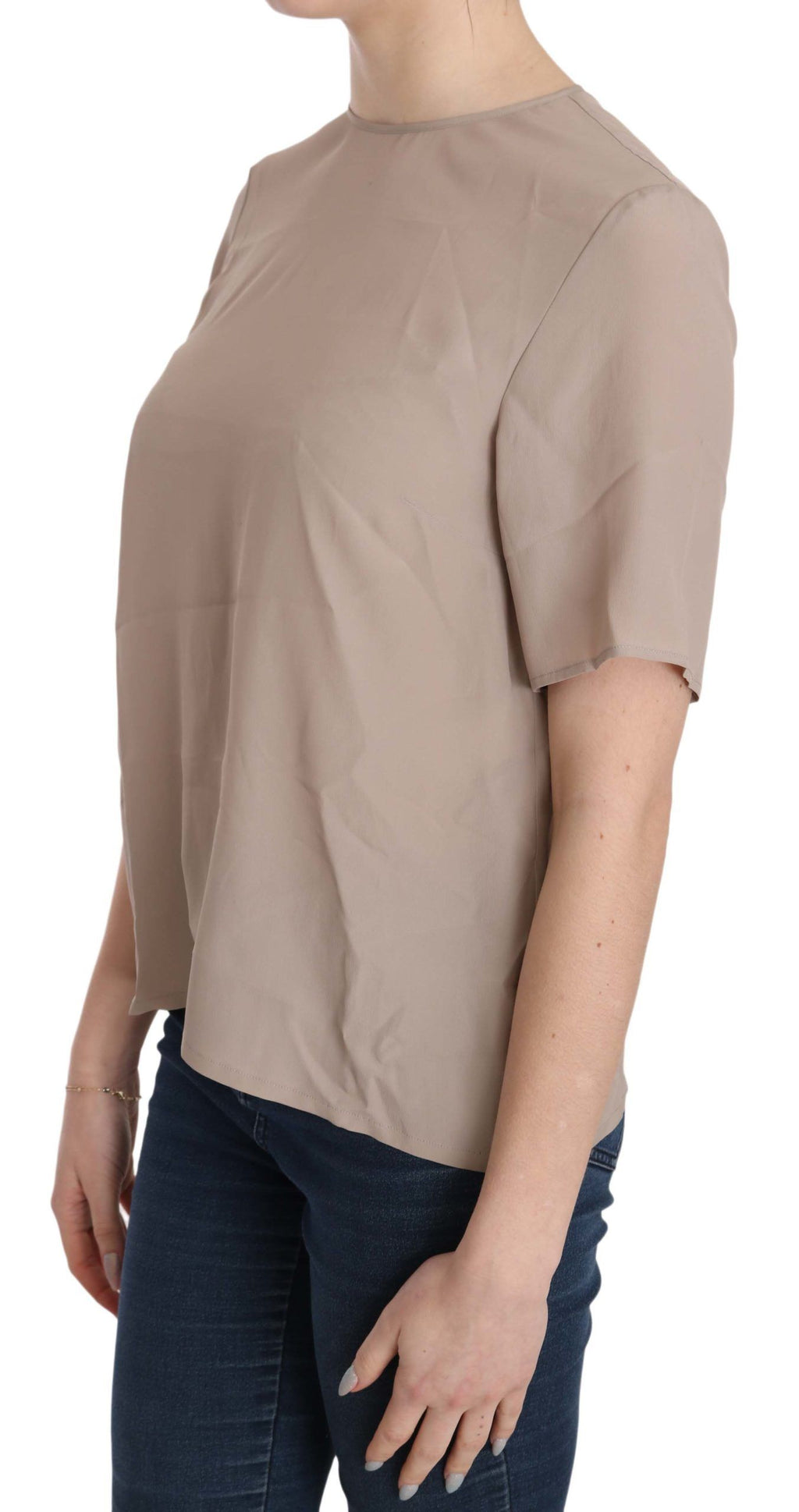 Blouse beige à manches courtes et col rond Dolce & Gabbana, vêtement chic en coton pour femme.