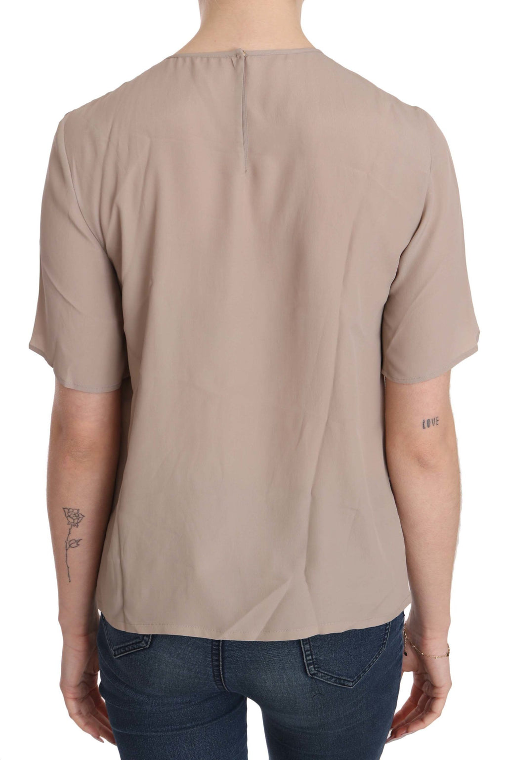 Blouse beige à col rond à manches courtes de Dolce & Gabbana, design élégant et tissu léger pour un style sophistiqué.
