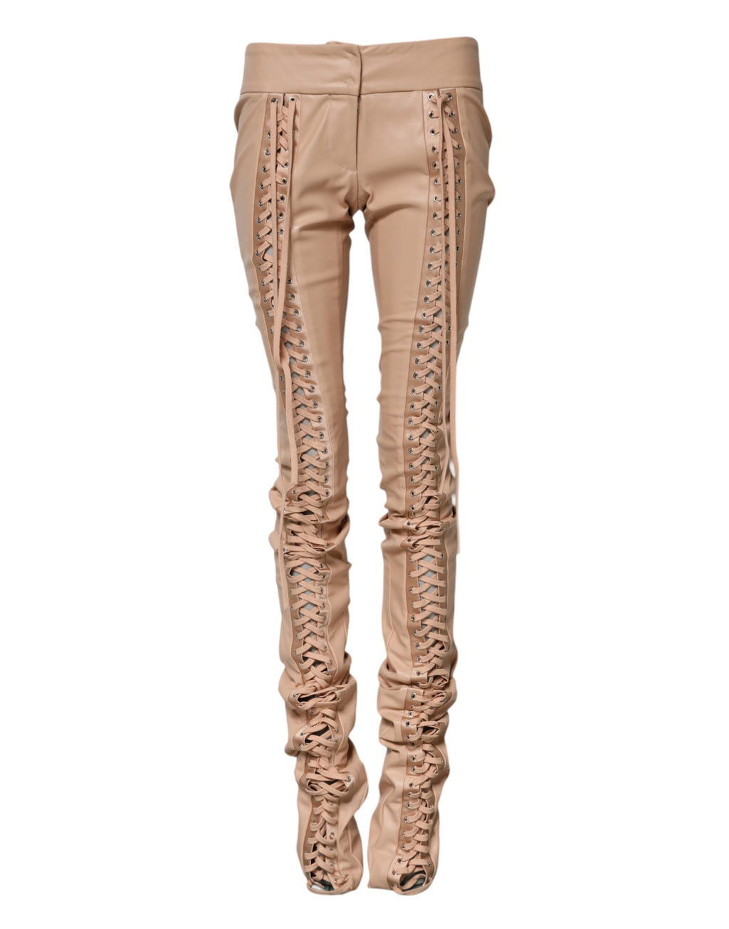 Pantalon skinny beige à taille moyenne Dolce & Gabbana avec détails en dentelle, ajusté et élégant.