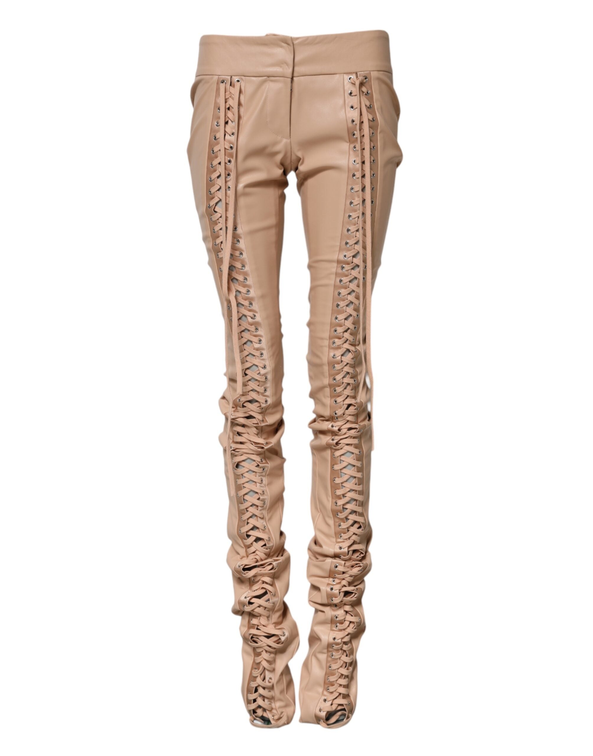 Pantalon skinny beige à taille moyenne avec détails en dentelle Dolce & Gabbana, style élégant et ajusté.