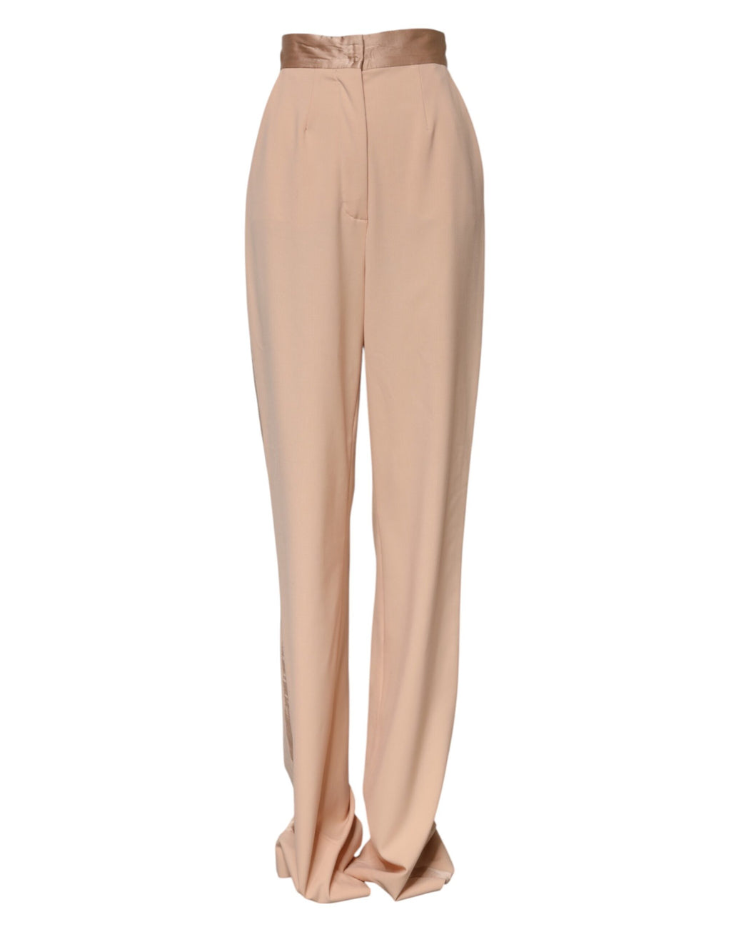 Pantalons taille moyenne en polyester beige de Dolce & Gabbana, coupe tapered ajustée, vue de l'avant sur un mannequin.