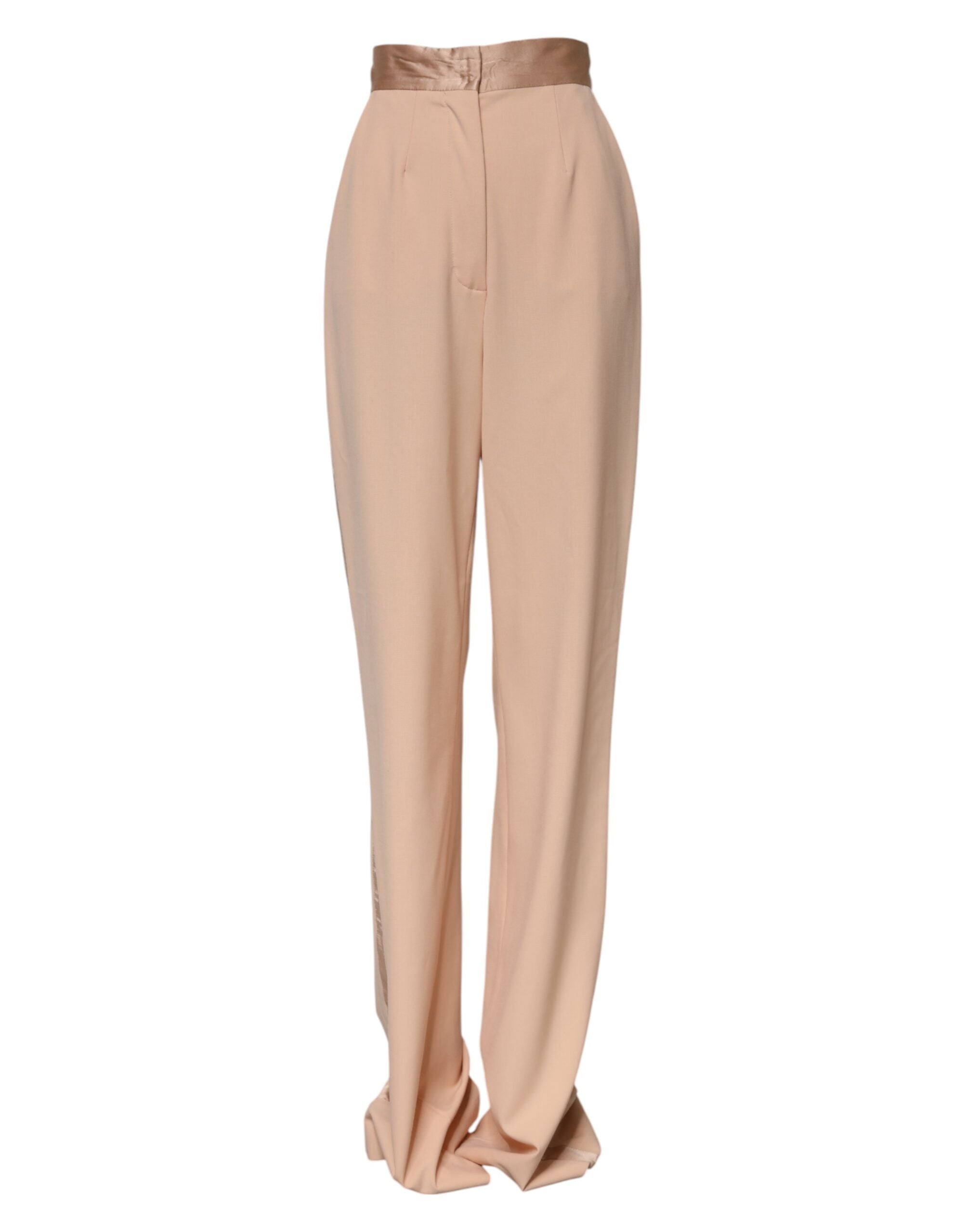 Pantalons taille moyenne en polyester beige de Dolce & Gabbana, coupe tapered ajustée, vue de l'avant sur un mannequin.