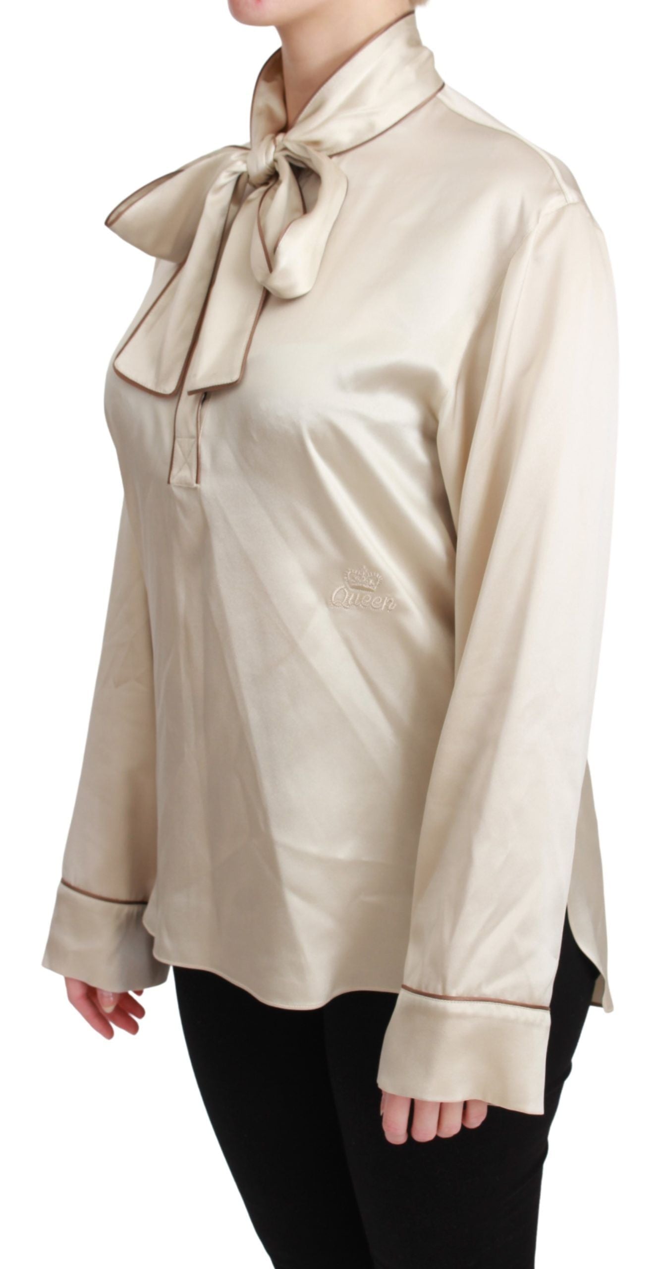 Haut beige à manches longues Dolce & Gabbana en satin de soie Queen, blouse élégante et sophistiquée.