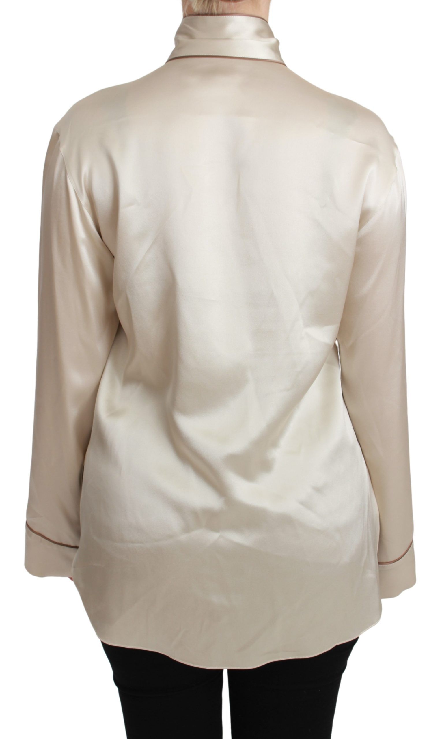 Haut à manches beige Dolce & Gabbana en satin de soie Queen, blouse élégante et fluide pour femme.
