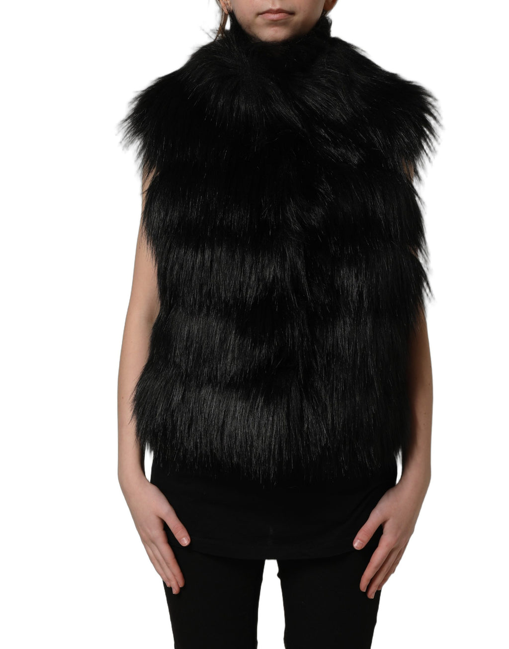 Gilet sans manches en acrylique noir avec fausse fourrure, veste Dolce & Gabbana, style chic et moderne.
