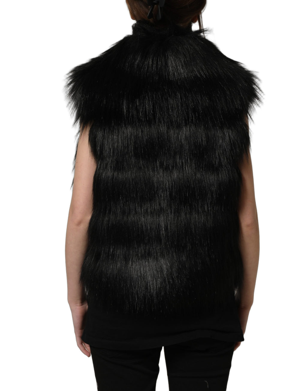 Gilet sans manches en fausse fourrure noire en acrylique de Dolce & Gabbana, élégante veste sans manches pour femme.