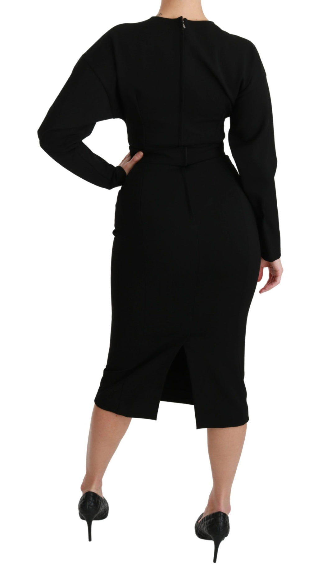 Robe midi noire ajustée de style bodycon de Dolce & Gabbana, tissu extensible et silhouette élégante visible sur l'image.