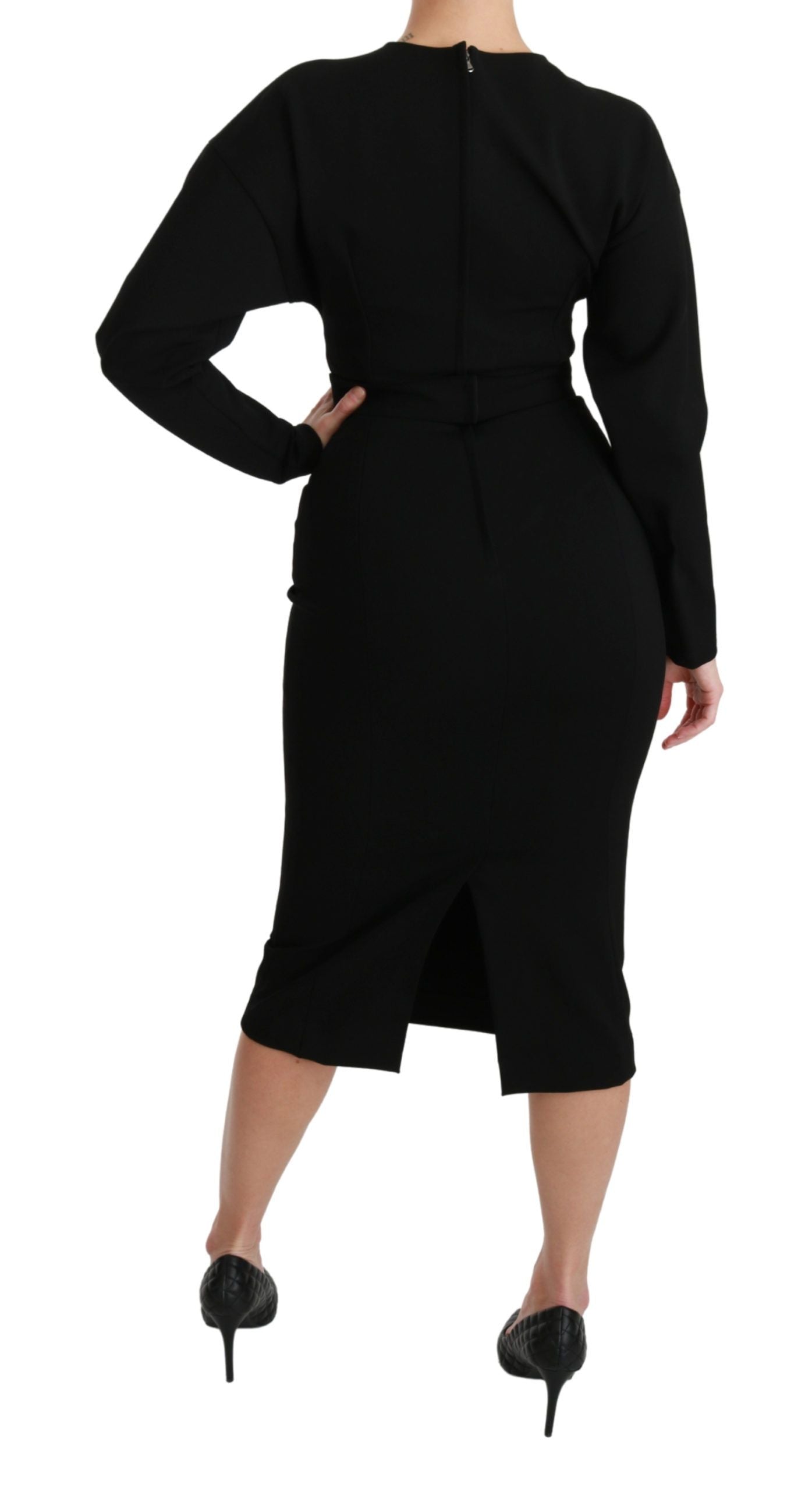 Robe midi noire ajustée de style bodycon de Dolce & Gabbana, tissu extensible et silhouette élégante visible sur l'image.