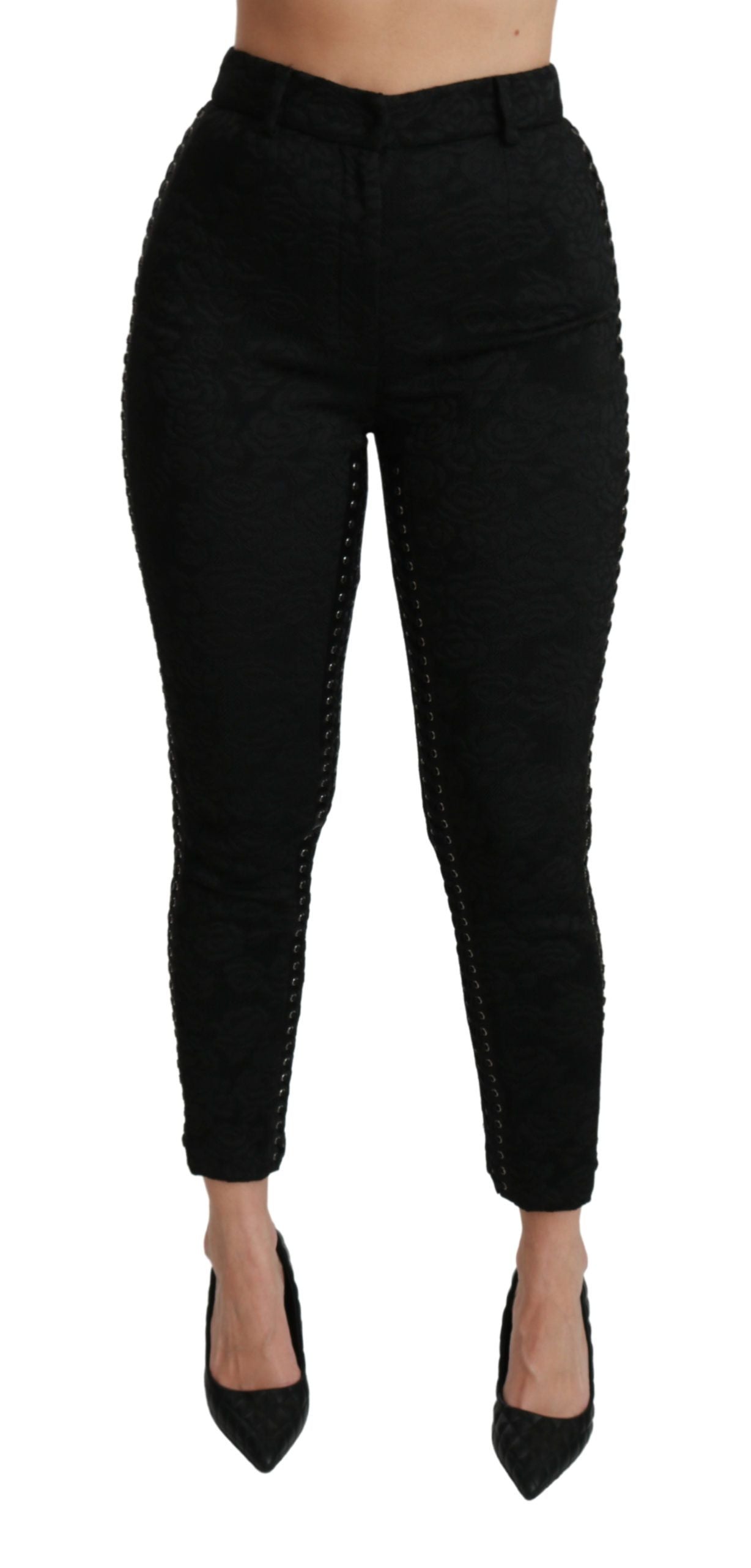 Pantalon skinny taille haute Dolce & Gabbana en brocart noir, style élégant et tendance.