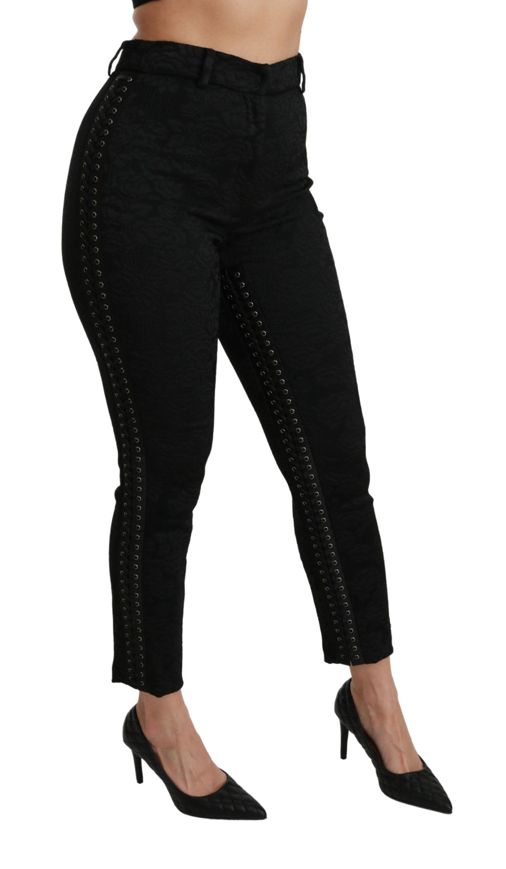 Pantalons skinny en brocart noir Dolce & Gabbana à taille haute, vue de face.