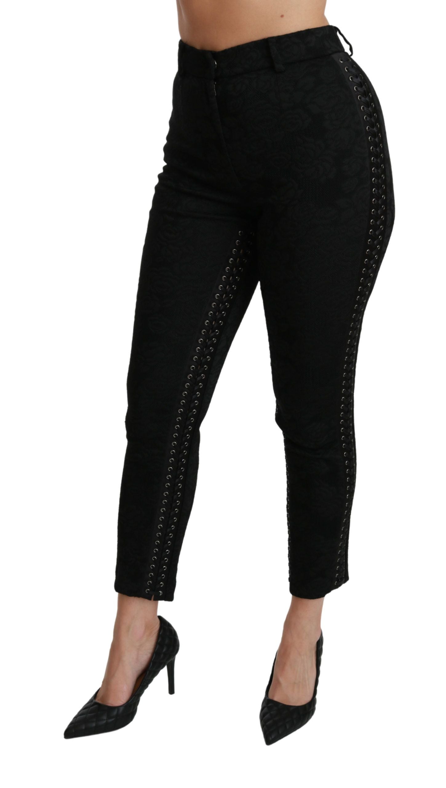 Pantalon skinny noir en brocart Dolce & Gabbana à taille haute, style élégant et sophistiqué, vue de face.