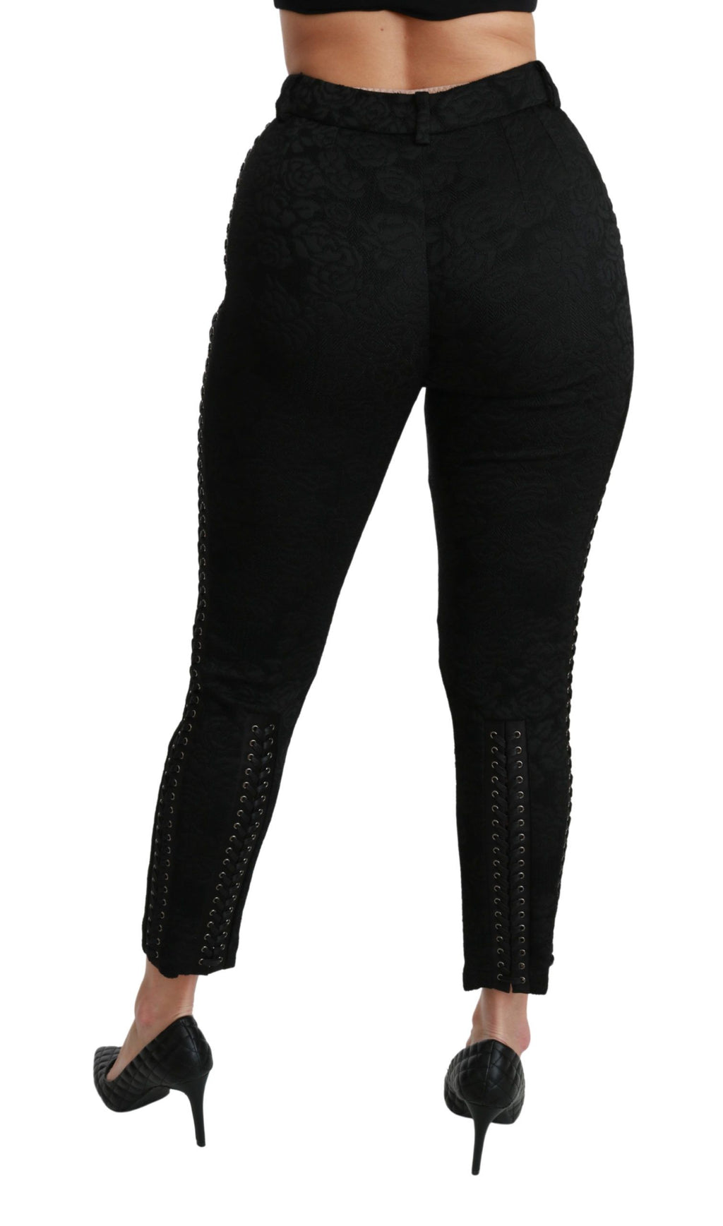 Pantalon skinny noir en brocart Dolce & Gabbana à taille haute, élégant et ajusté, pour un style sophistiqué.