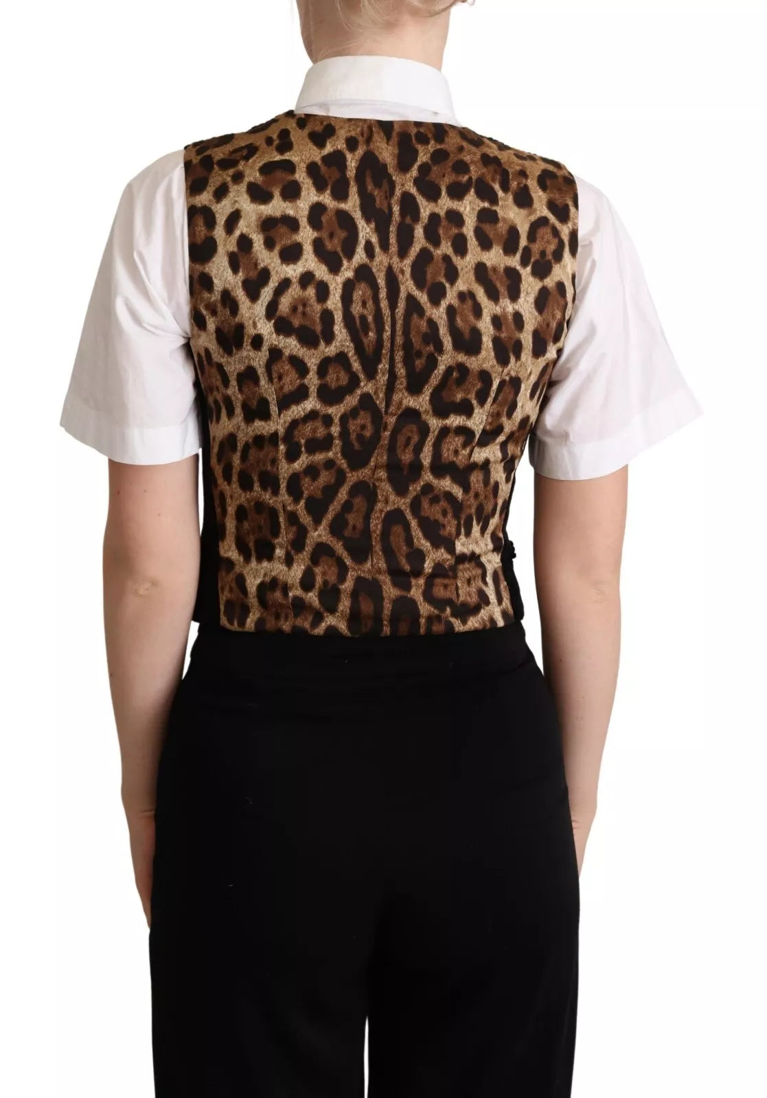 Gilet sans manches Dolce & Gabbana à motif léopard noir et marron, élégant et tendance, pour un style sophistiqué.