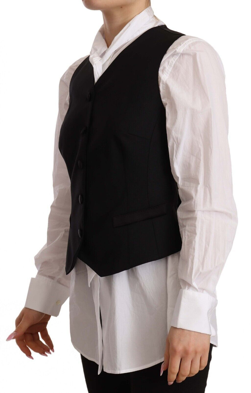 Gilet sans manches noir Dolce & Gabbana en viscose avec boutons, porté ouvert ou fermé, style élégant et moderne.