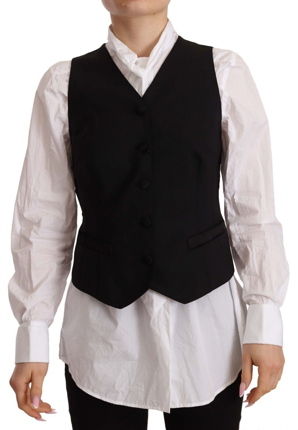 Gilet sans manches noir Dolce & Gabbana en viscose avec boutons, élégant haut sans manches pour femme.