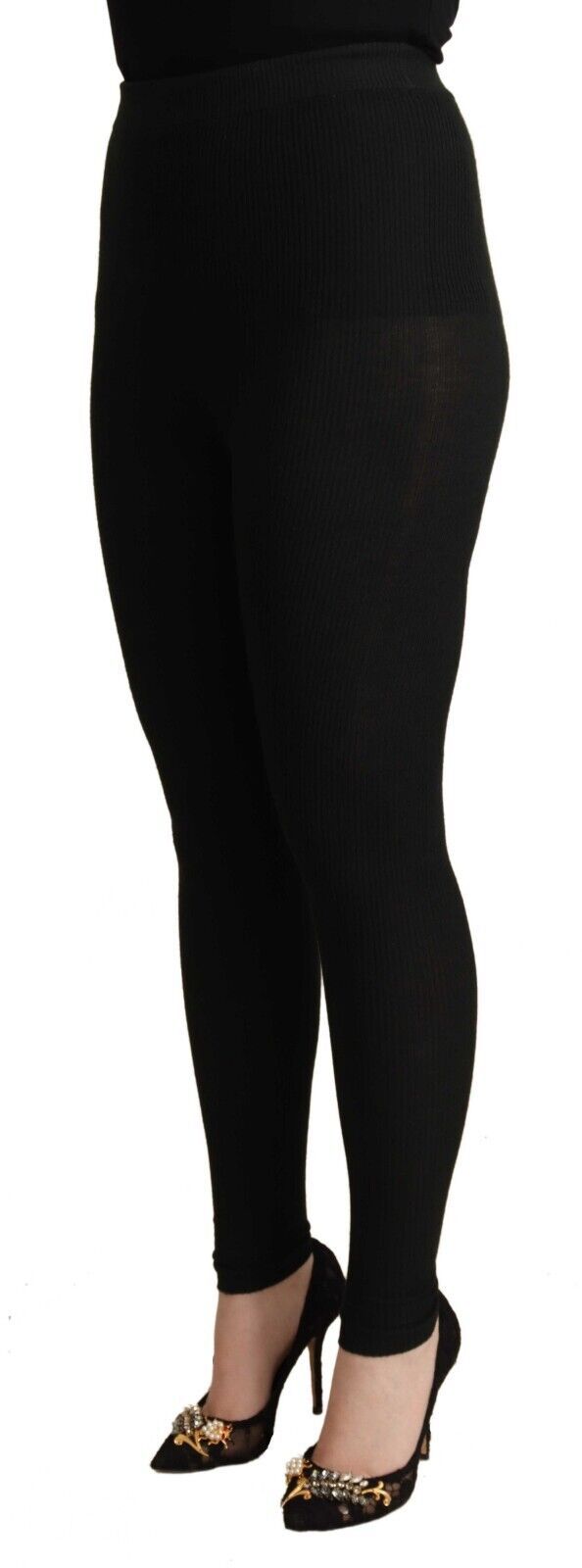 Pantalon Dolce & Gabbana en cachemire stretch noir, taille haute, finition élégante, porté sur un mannequin.