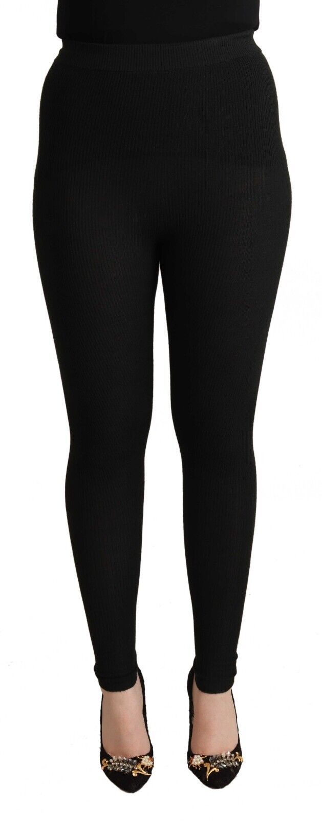 Pantalon noir Dolce & Gabbana en cachemire extensible avec taille élastique et coupe ajustée, vue de face.