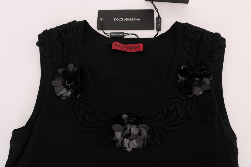 Débardeur en coton noir Dolce & Gabbana avec motif floral, cristaux scintillants et coupe ajustée.