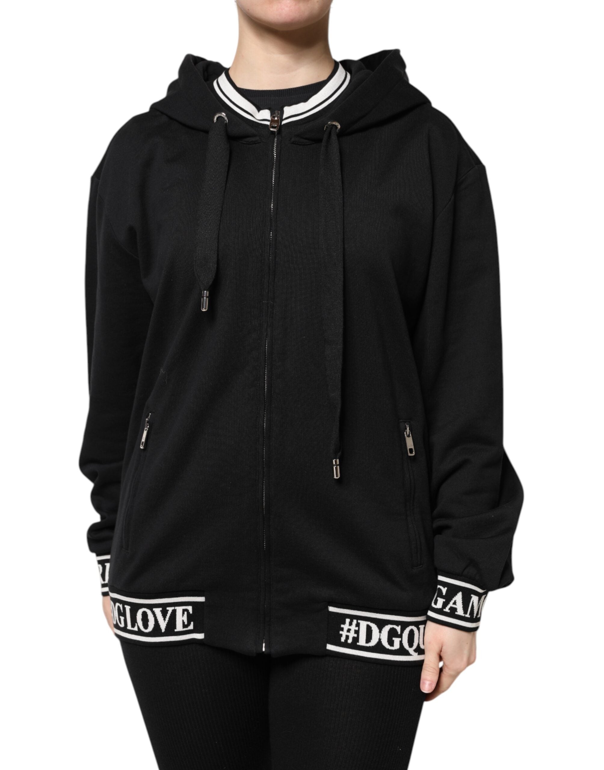 Sweat-shirt à capuche noir en coton de Dolce & Gabbana avec fermeture éclair complète, style décontracté et moderne.