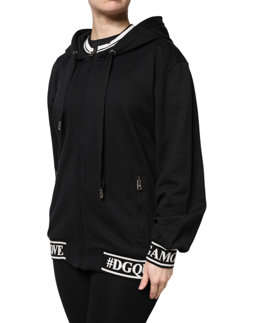 Sweat-shirt à capuche noir en coton de Dolce & Gabbana avec fermeture éclair complète, style décontracté et moderne.