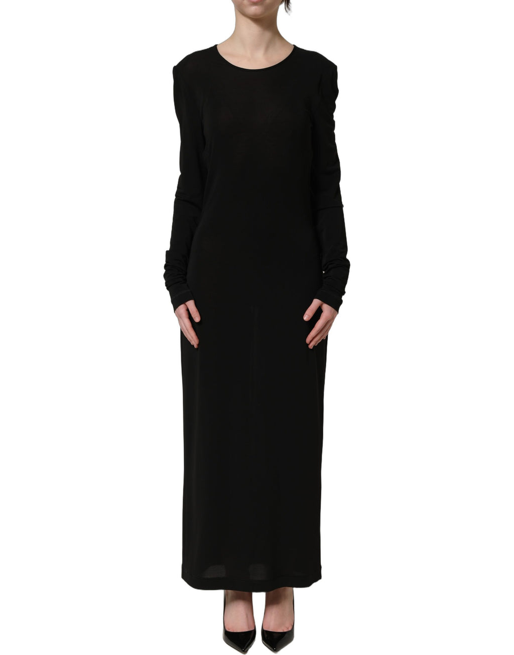 Robe longue noire en coton Dolce & Gabbana, robe fourreau à manches longues, style élégant et sophistiqué.