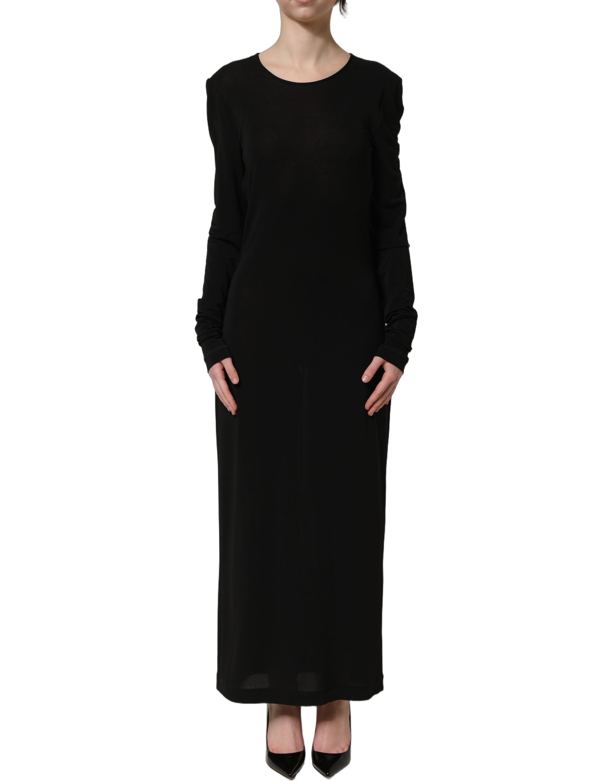Robe longue noire en coton Dolce & Gabbana, robe fourreau à manches longues, style élégant et sophistiqué.