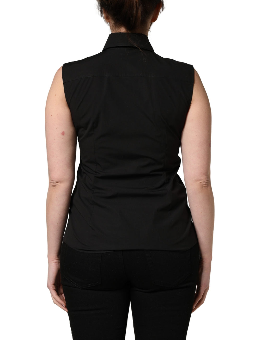 Blouse sans manches en coton noir Dolce & Gabbana avec col et détails élégants, vue de face.