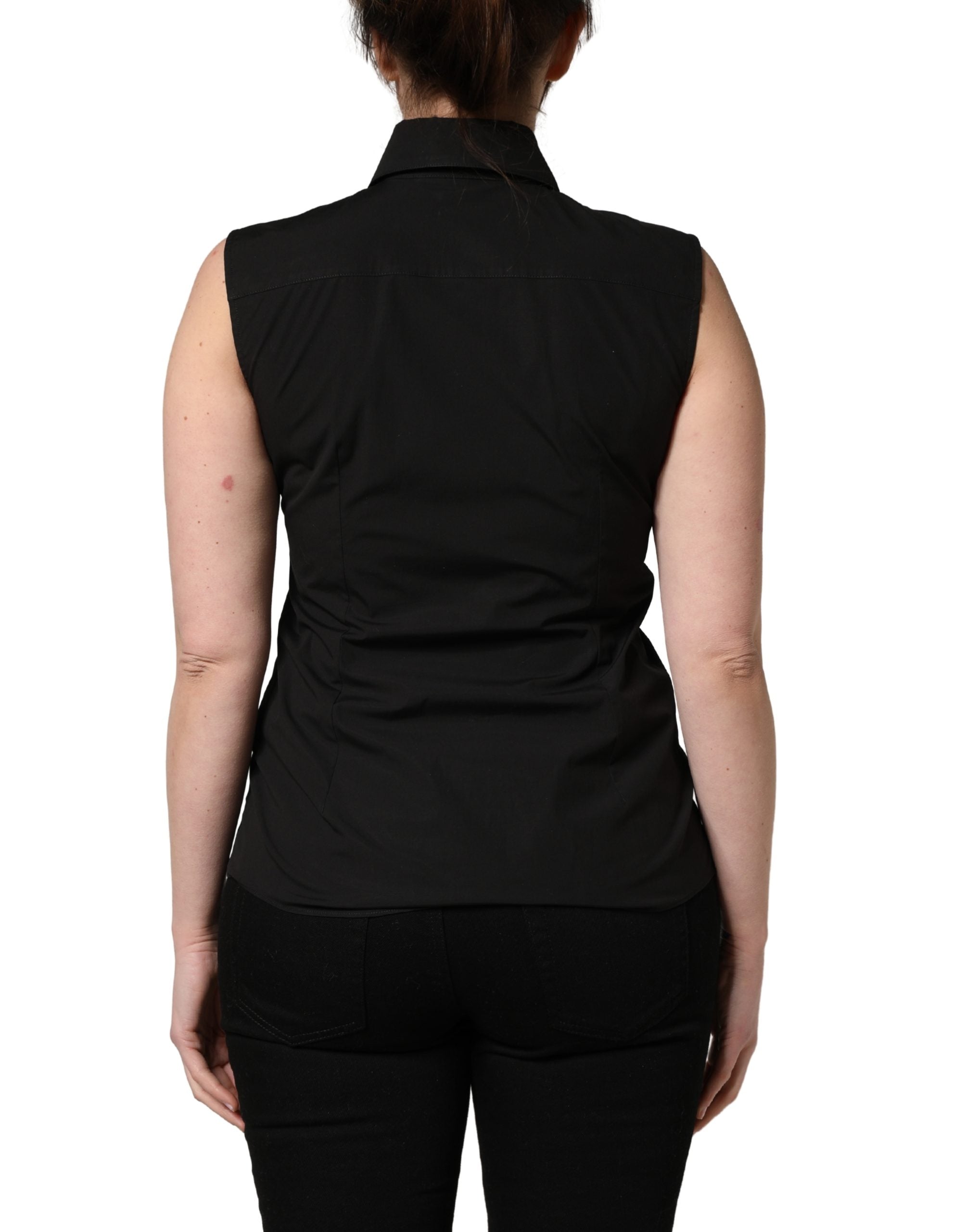 Blouse sans manches en coton noir Dolce & Gabbana avec col et détails élégants, vue de face.