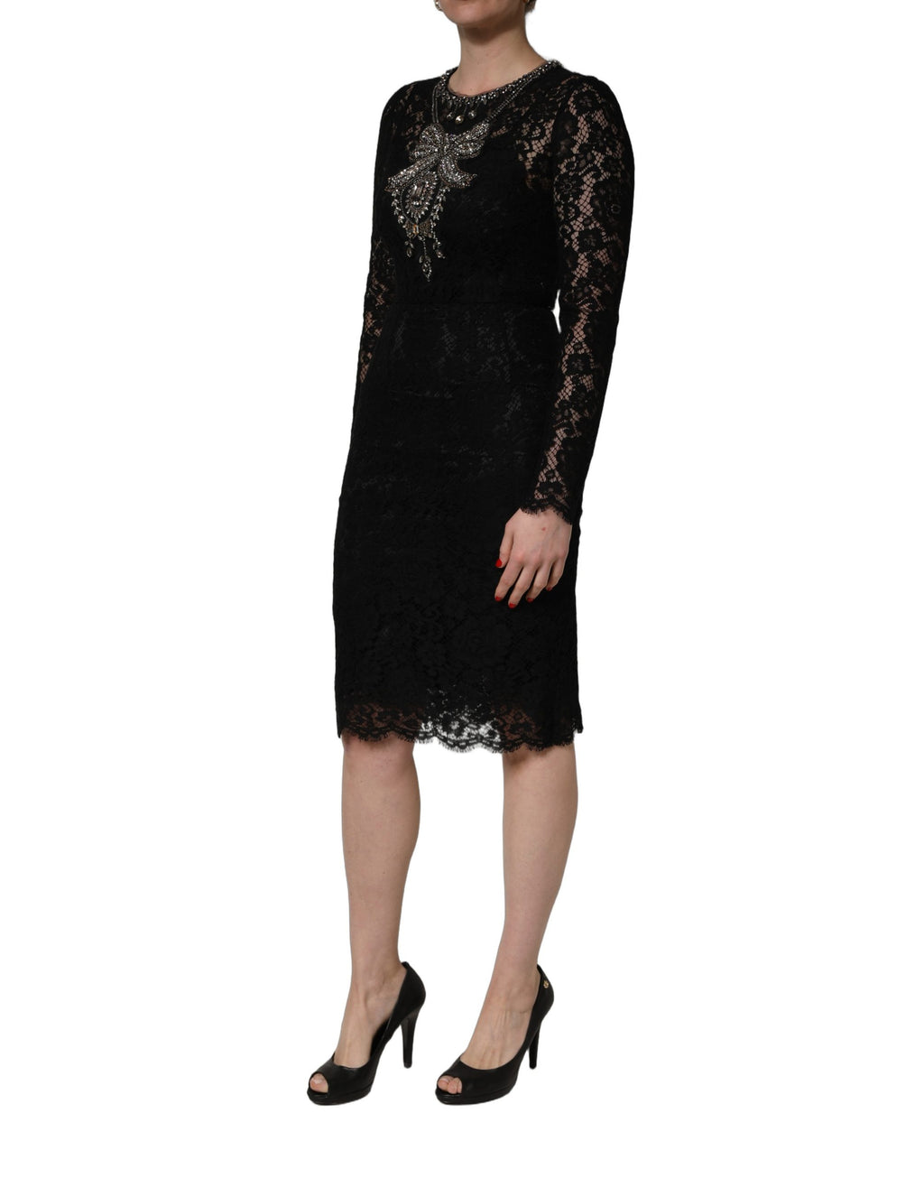 Robe midi noire Dolce & Gabbana en tissu avec broderies de cristaux, coupe ajustée et élégante, pour une allure sophistiquée.