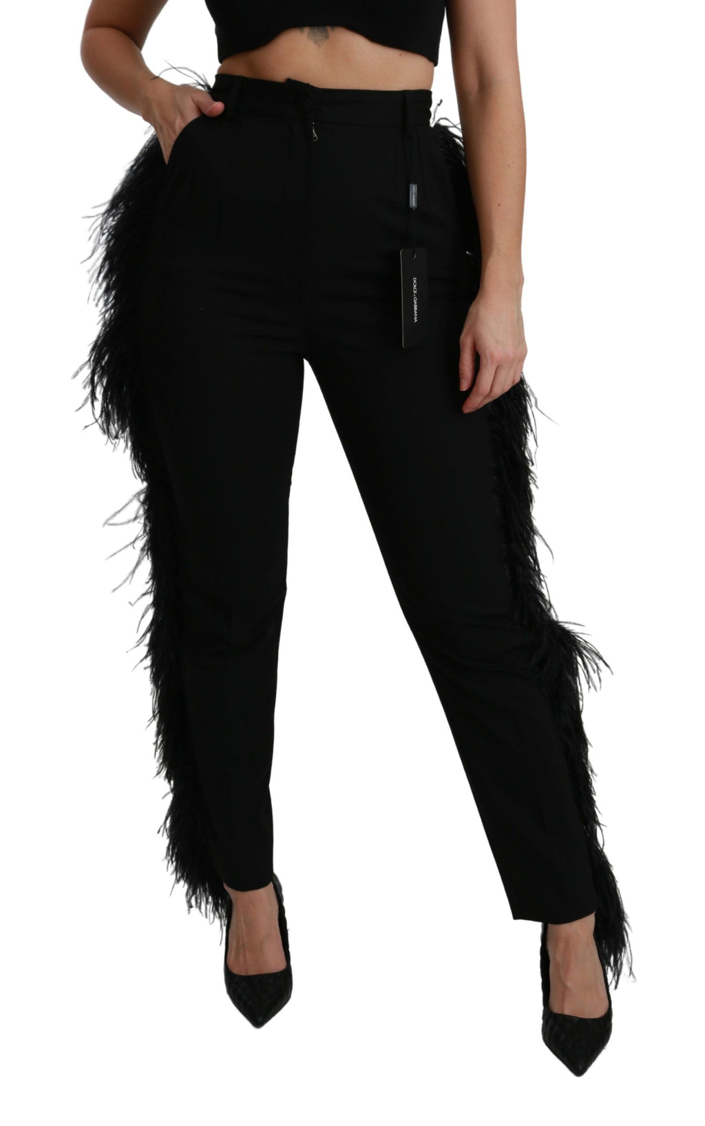 Pantalon en laine noir à taille haute et plumes droites de Dolce & Gabbana, élégance sophistiquée et design raffiné.