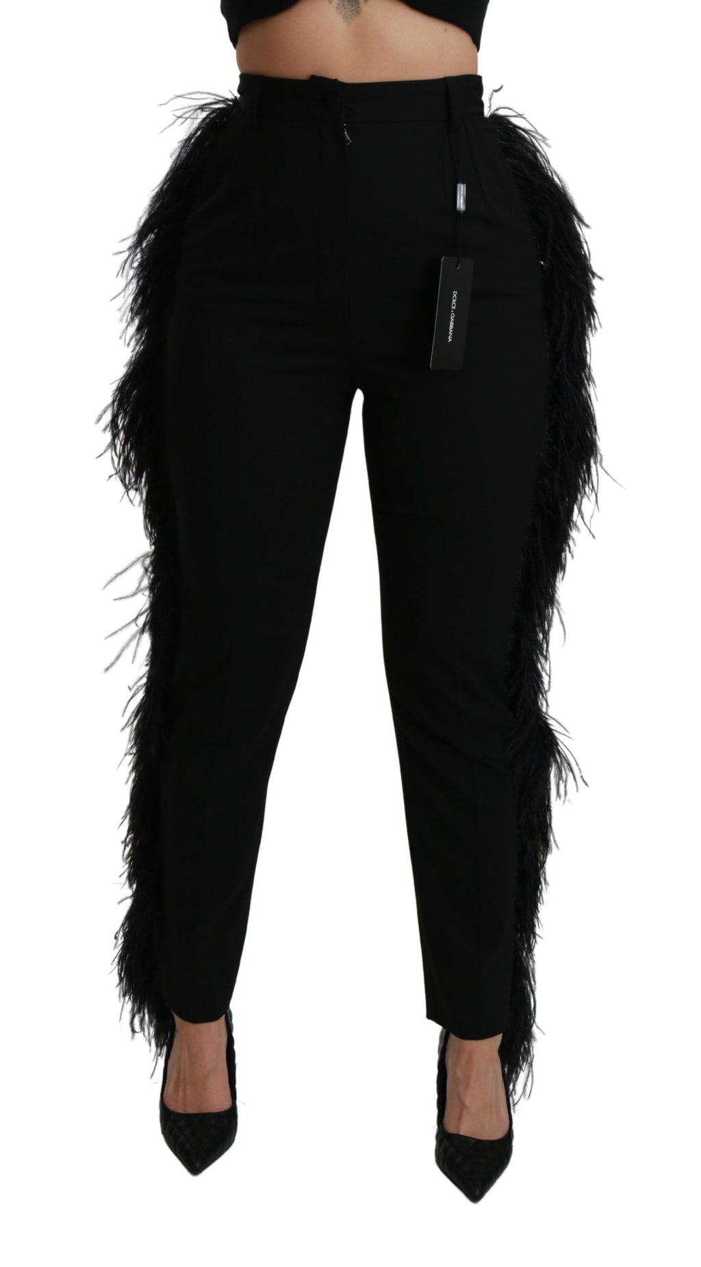 Pantalon en laine noir à taille haute et plumes droites de Dolce & Gabbana, élégance sophistiquée et détails raffinés.