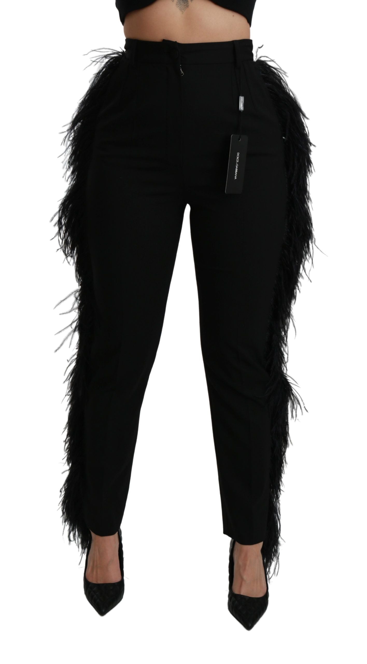Pantalon en laine noir à taille haute et plumes droites de Dolce & Gabbana, élégance sophistiquée et détails raffinés.