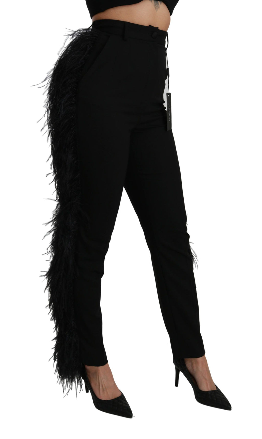 Pantalon en laine noire à taille haute et plumes droites de Dolce & Gabbana, élégant et sophistiqué.
