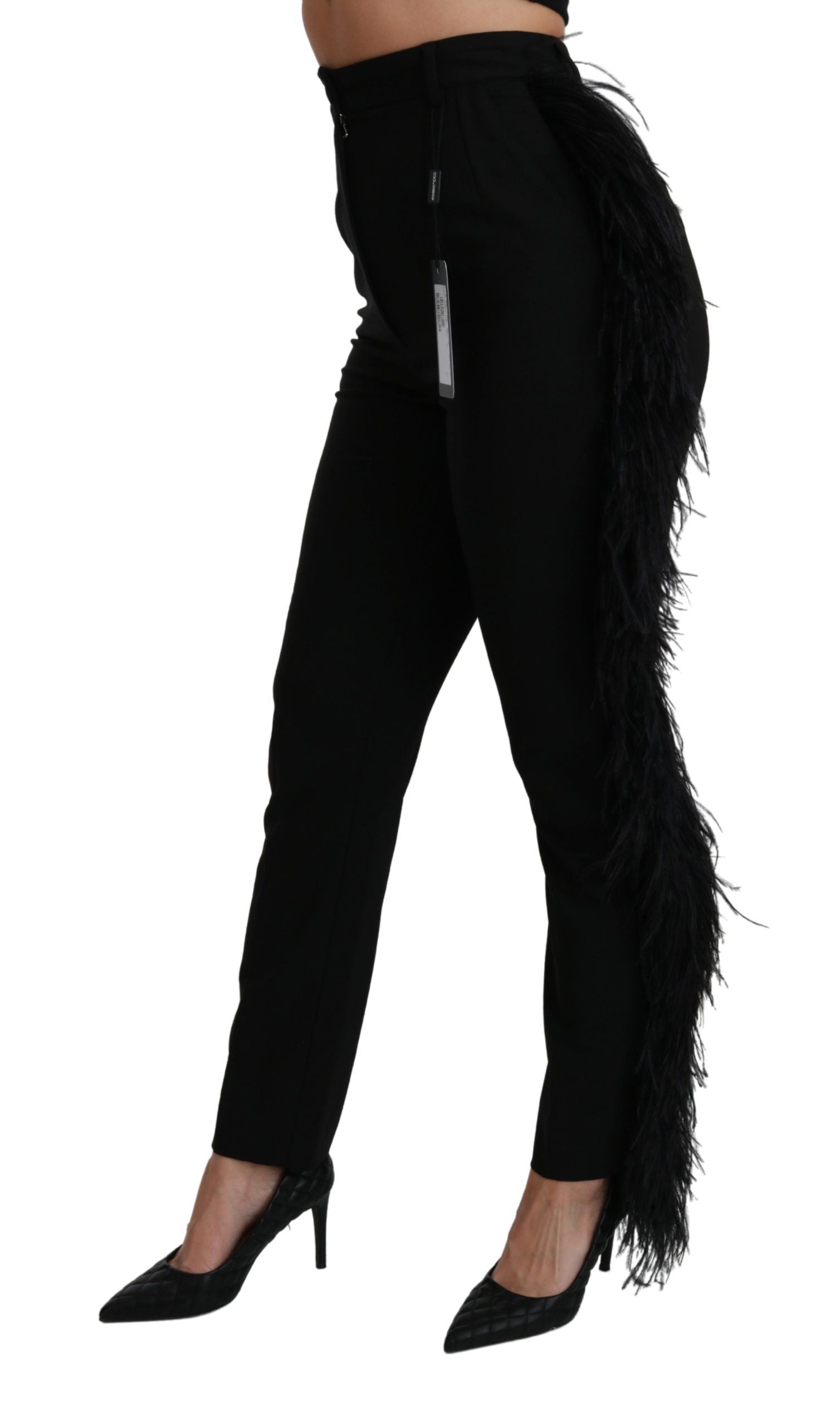 Pantalons en laine noirs à taille haute, plumes droites de Dolce & Gabbana, style élégant et sophistiqué.