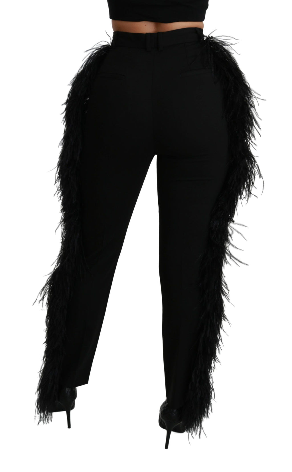 Pantalon en laine noir à taille haute et plumes droites de Dolce & Gabbana, élégance sophistiquée pour un style chic.