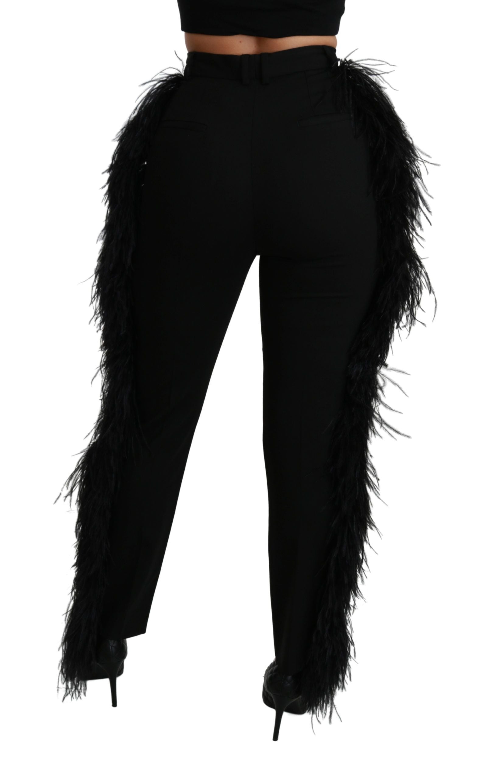 Pantalon en laine noir à taille haute et plumes droites de Dolce & Gabbana, élégance sophistiquée pour un style chic.