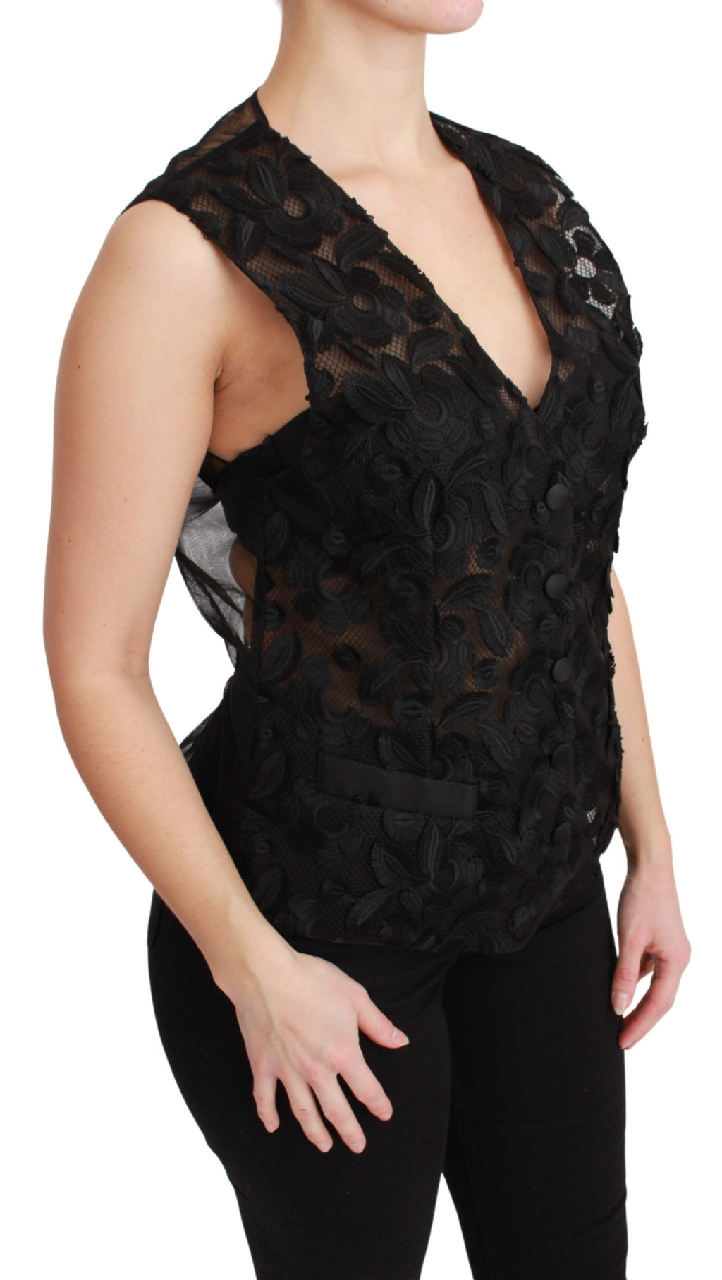 Gilet Dolce & Gabbana en brocard noir avec motif floral, veste cintrée élégante pour femme.