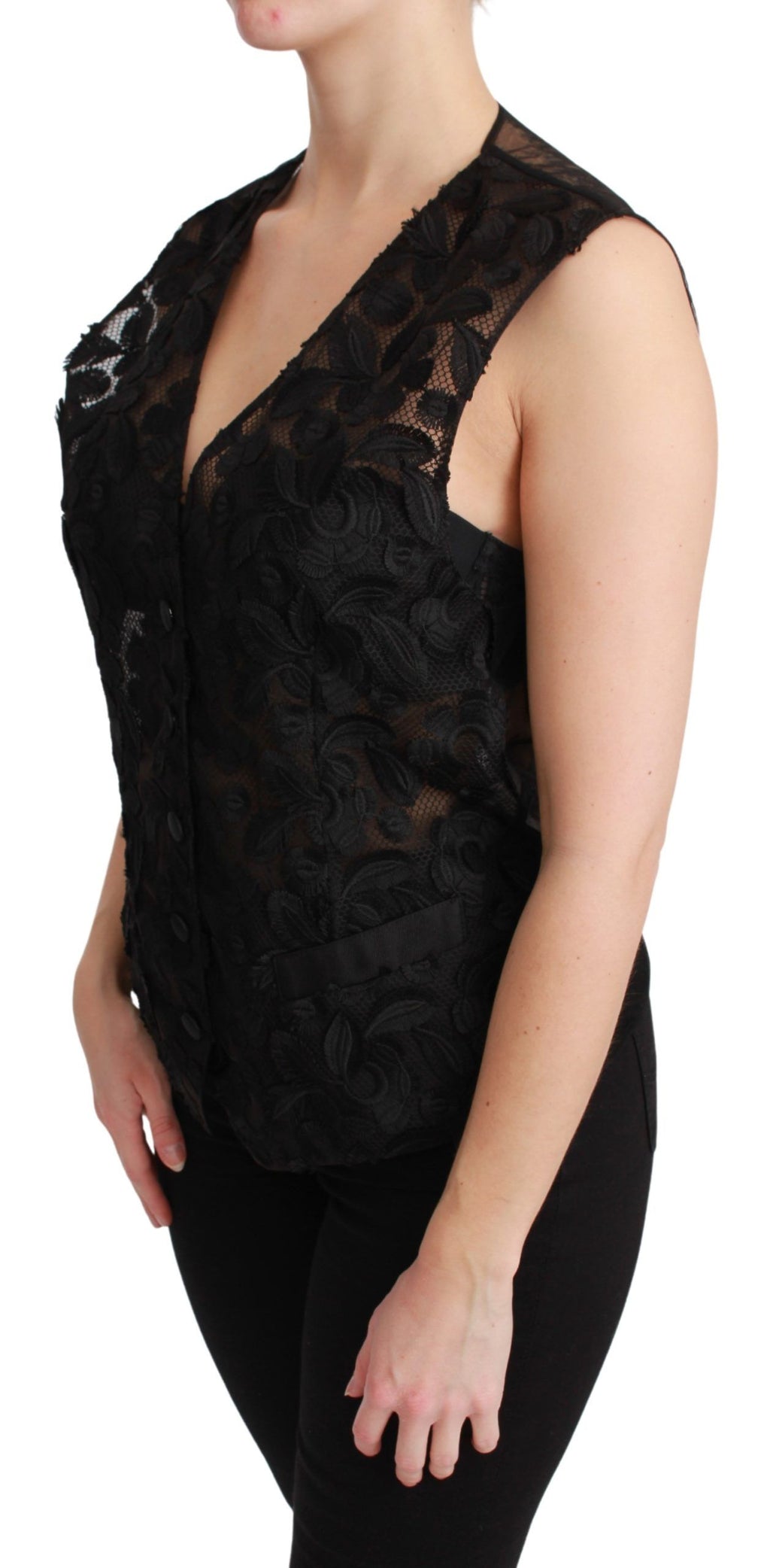 Gilet en brocart noir à motifs floraux de Dolce & Gabbana, haut élégant avec détails sophistiqués.