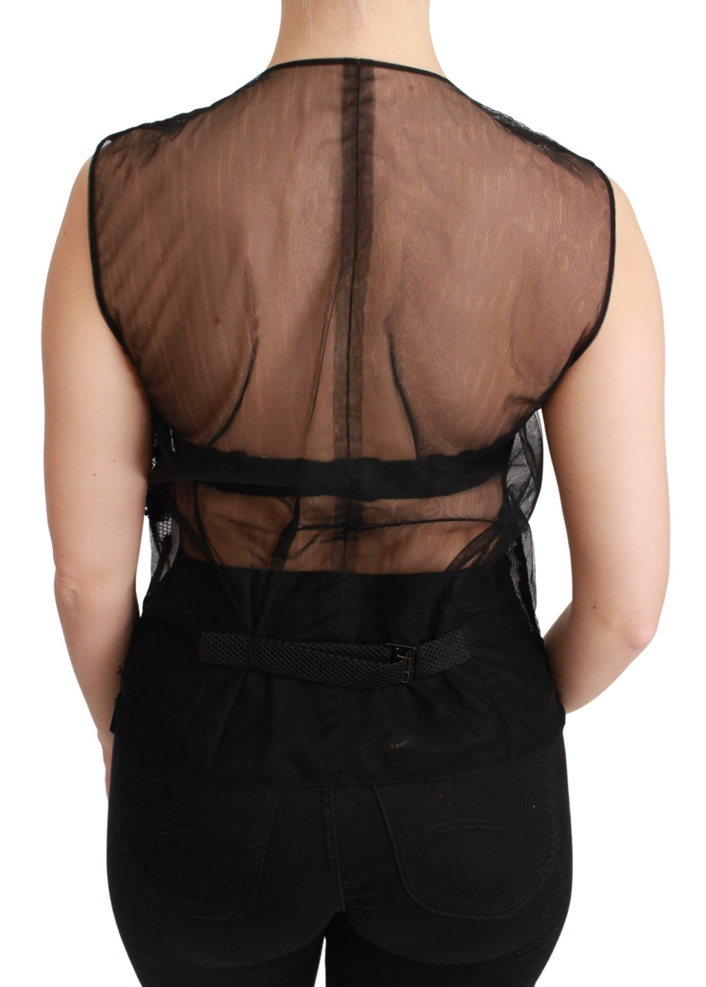 Gilet en brocart floral noir de Dolce & Gabbana, ajusté à la taille, porté comme haut ou veste élégante.