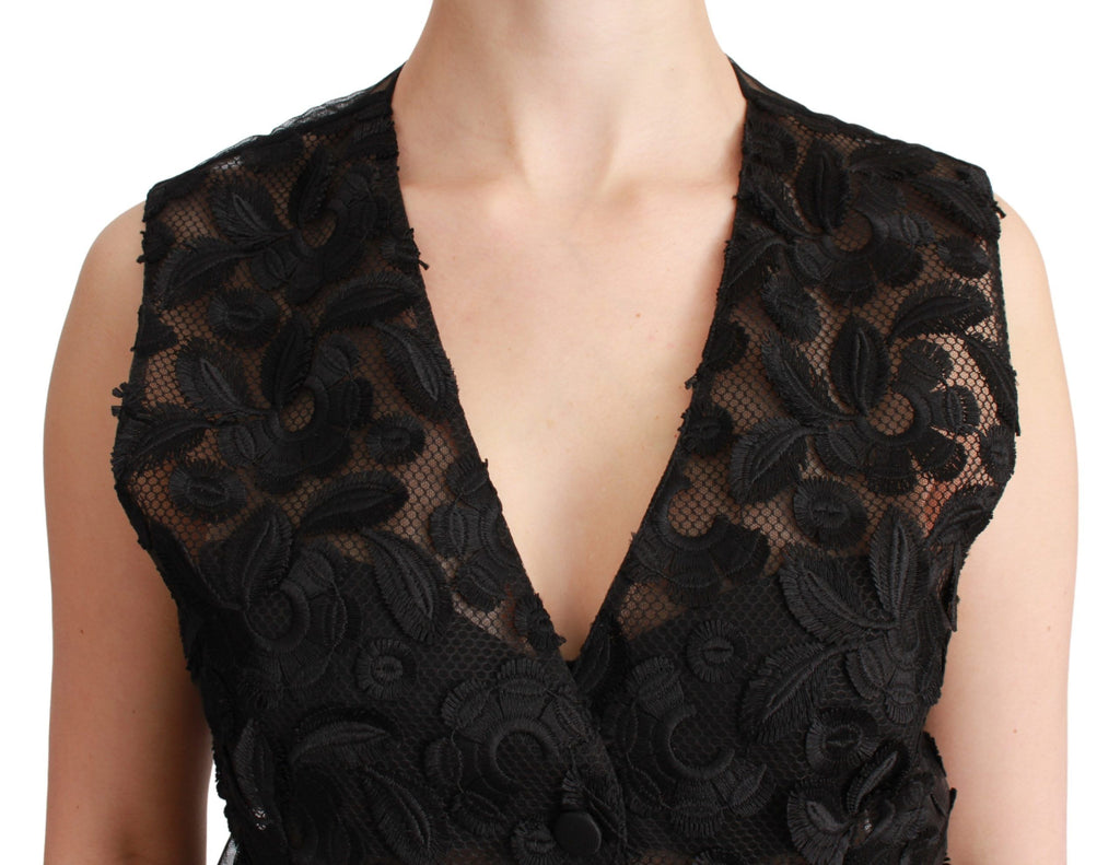 Gilet en brocart noir à fleurs de Dolce & Gabbana, haut élégant avec motif floral sophistiqué.