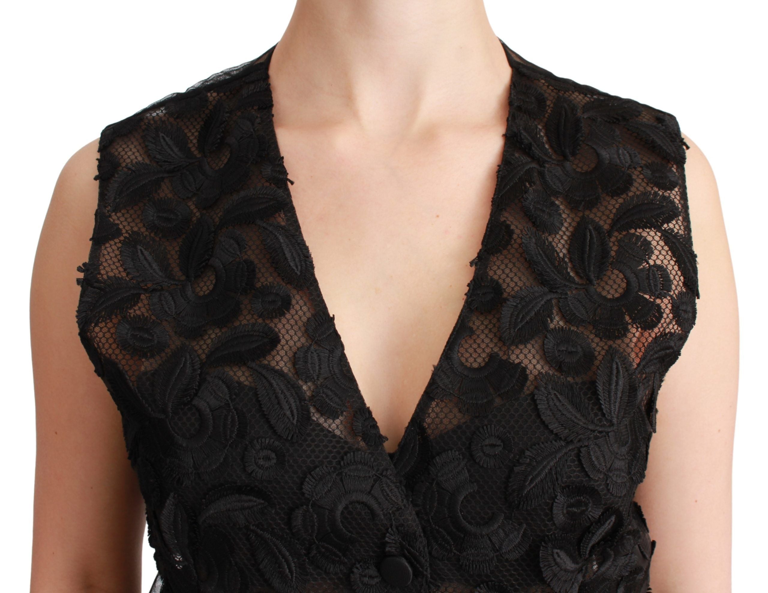 Gilet en brocart noir à fleurs de Dolce & Gabbana, haut élégant avec motif floral sophistiqué.