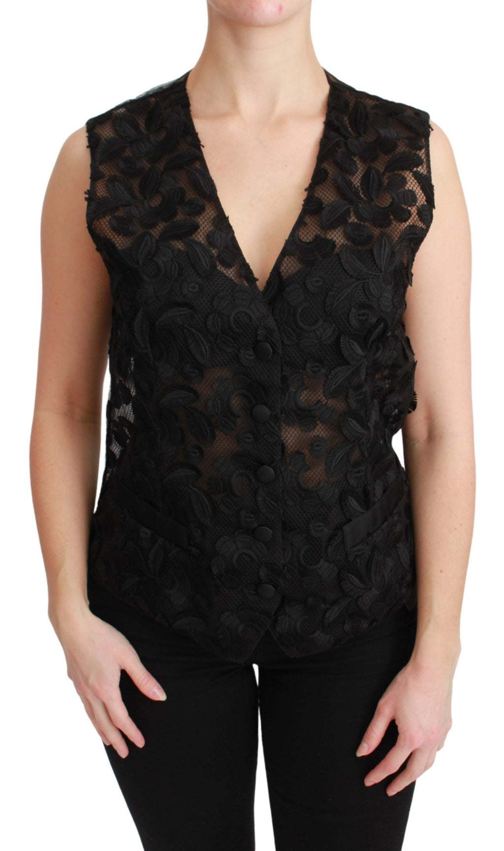 Gilet sans manches Dolce & Gabbana en brocart floral noir, ajusté à la taille, avec détails sophistiqués.