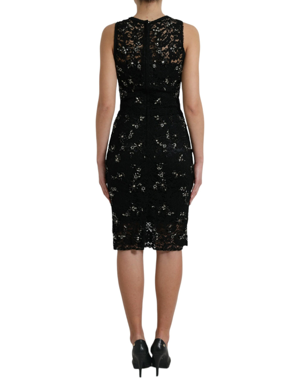 Robe noire en dentelle florale avec cristaux de Dolce & Gabbana, silhouette ajustée, détails élégants et sophistiqués.