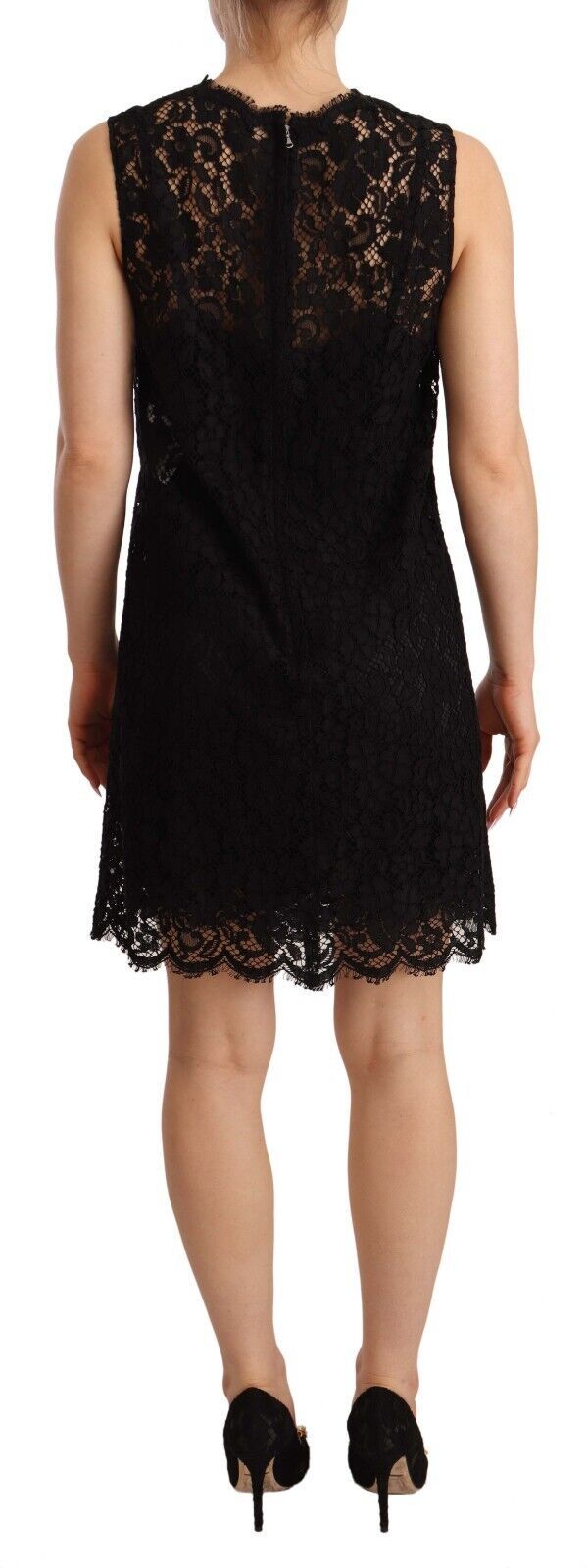 Robe courte sans manches en dentelle florale noire de Dolce & Gabbana, robe cintrée élégante, vue de face.
