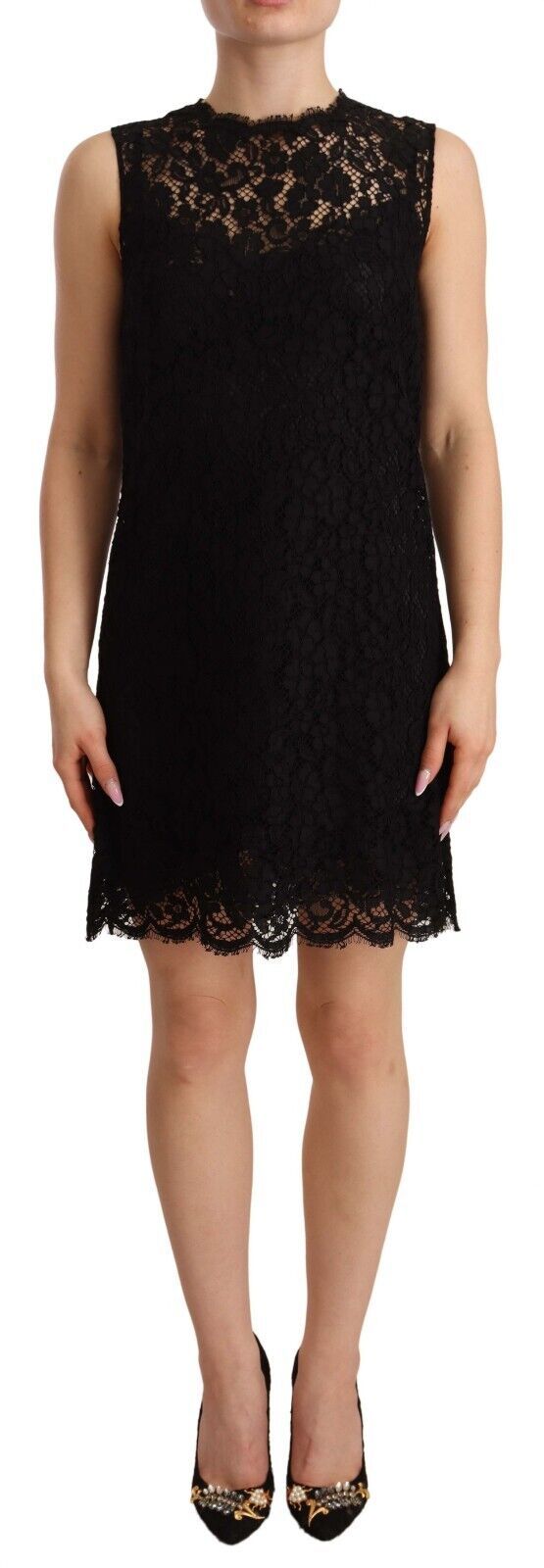 Robe courte noire en dentelle florale sans manches de Dolce & Gabbana, robe moulante élégante et féminine.