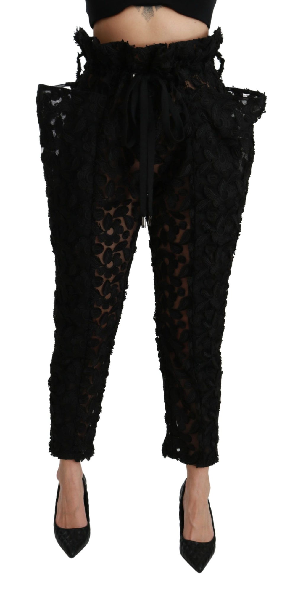 Pantalons taille haute en dentelle florale noire de Dolce & Gabbana, coupe tapered élégante.