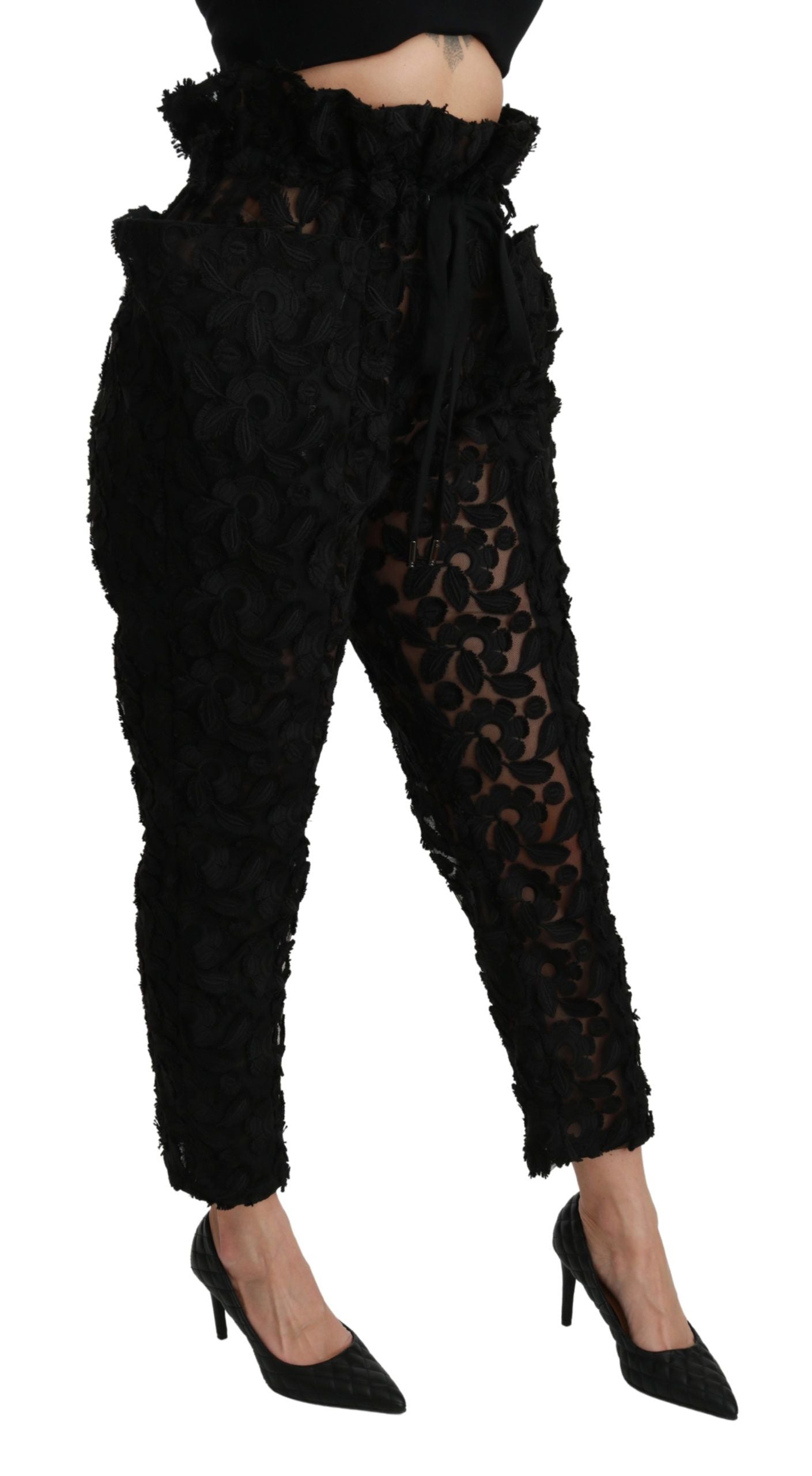 Pantalons Dolce & Gabbana noirs à taille haute avec broderie florale en dentelle, coupe tapered élégante.