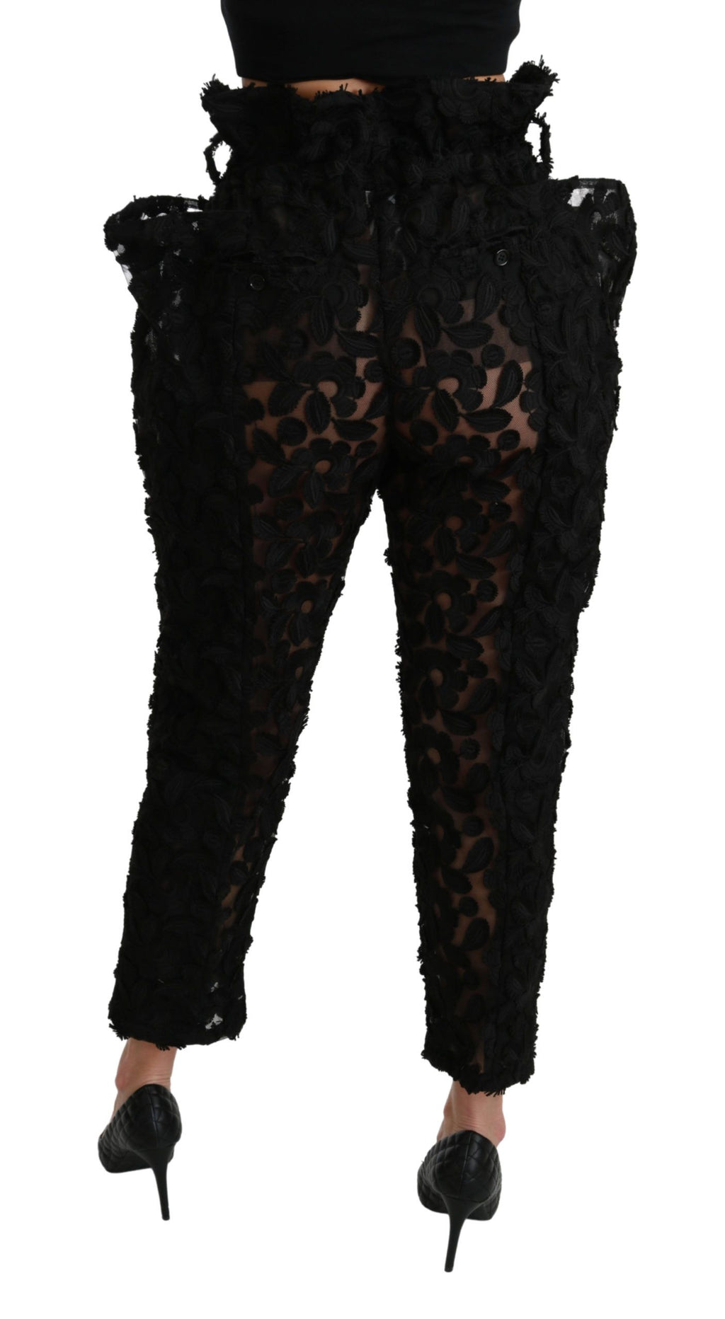 Pantalons noirs en dentelle florale Dolce & Gabbana à taille haute fuselée, élégants et sophistiqués.